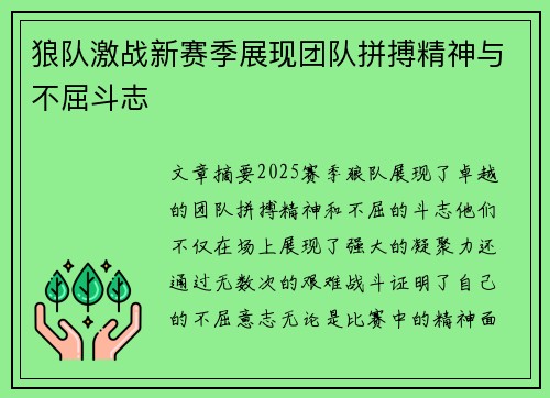 狼队激战新赛季展现团队拼搏精神与不屈斗志